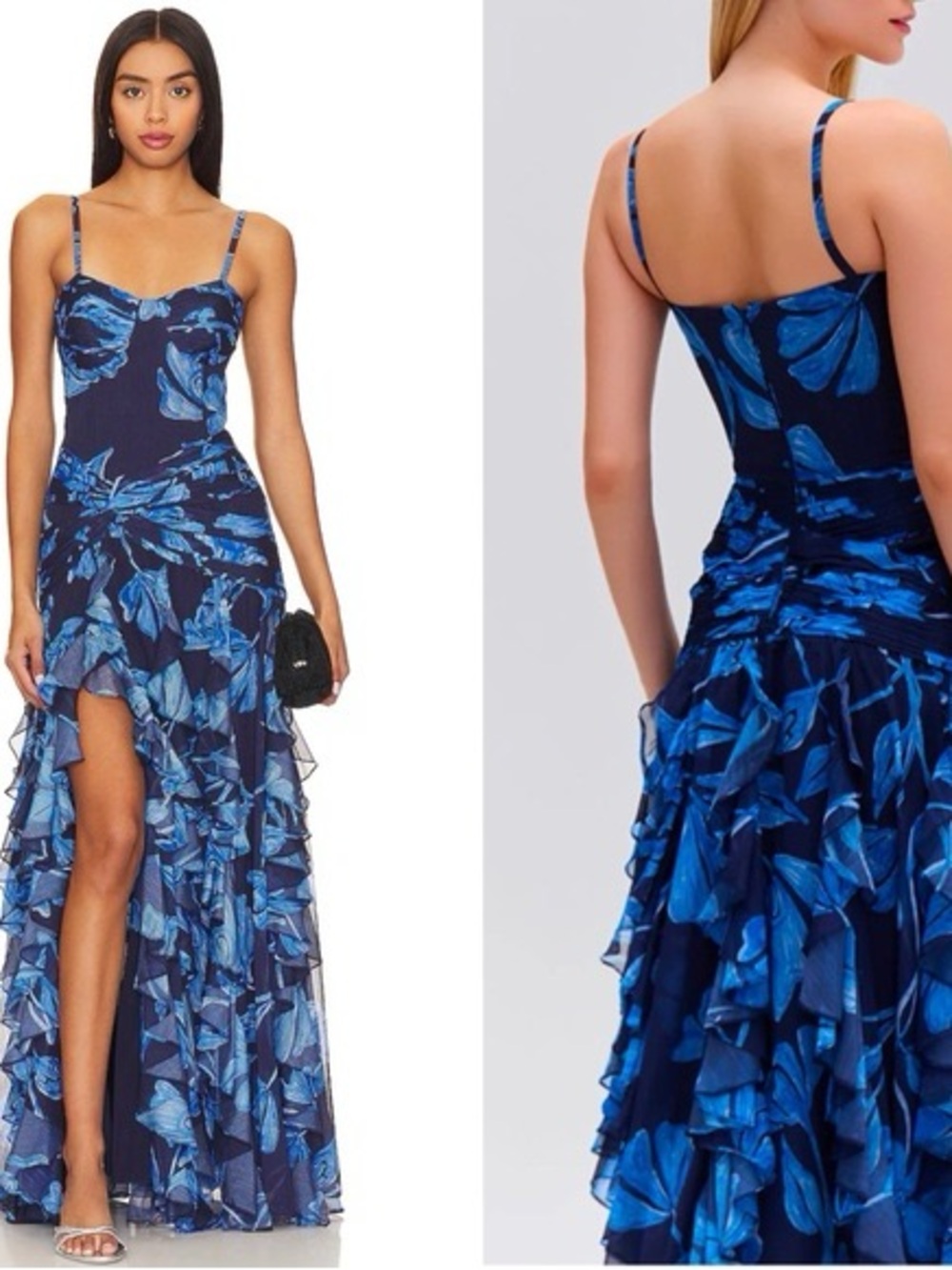 PatBO Nightflower Bustier Maxi Dress with Blue Floral Ruffle